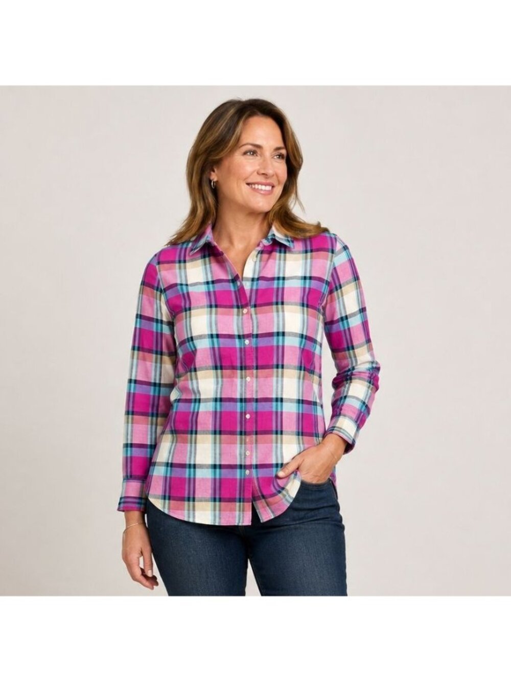 Talbots Womens Classic Cotton Shirt Button Front Multicolor Plaid Size L